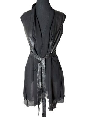 SO NICE Black Faux Leather Chiffon Tunic Vest Asymmetrical Tie Belt Size Medium